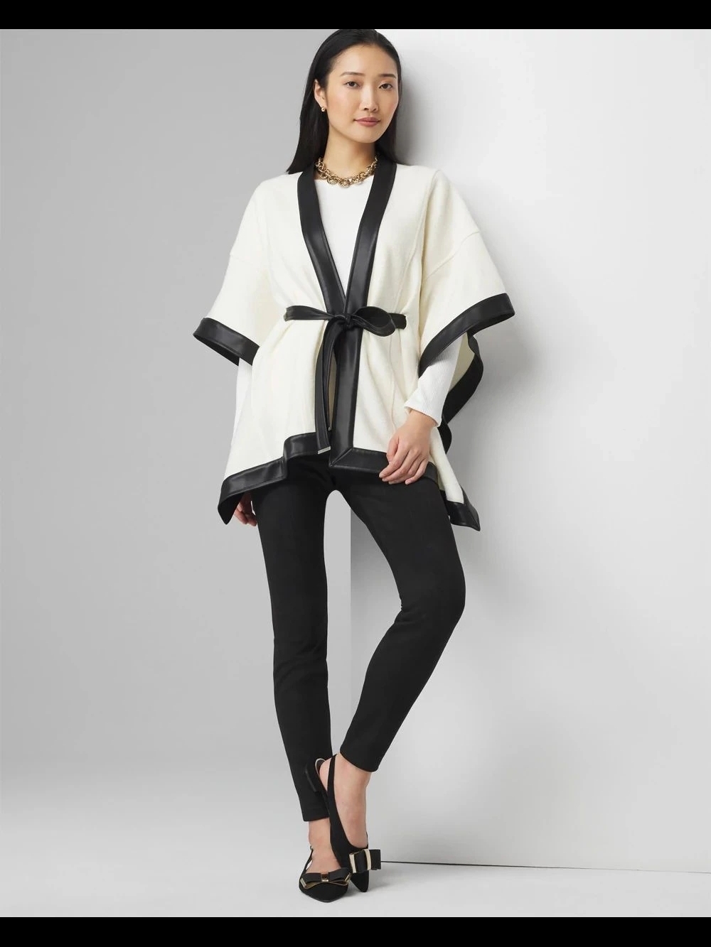 Wool Blend Ruana with Faux Leather Trim